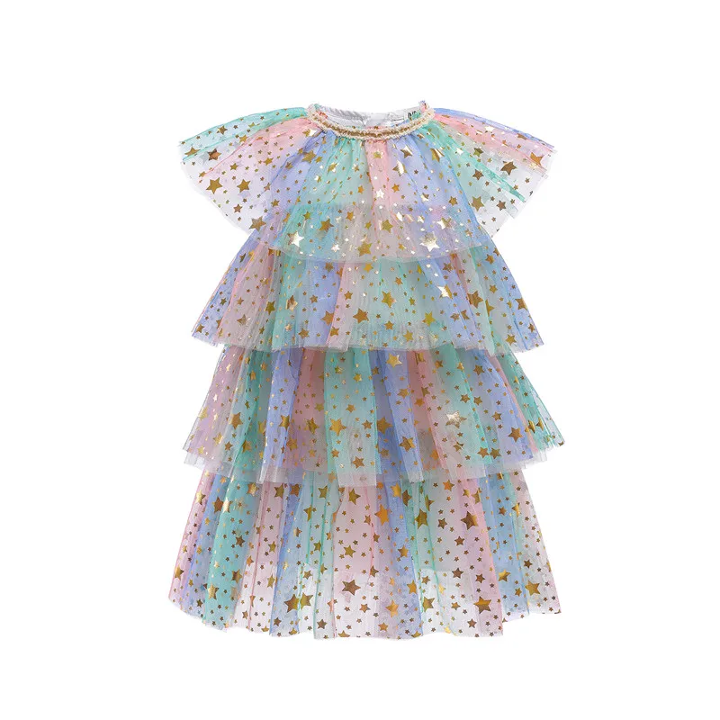 Summer Casual Daily Wear Kids Girls Rainbow Dress Little Girl Princess Star Sequin Layer Party Dresses Tulle