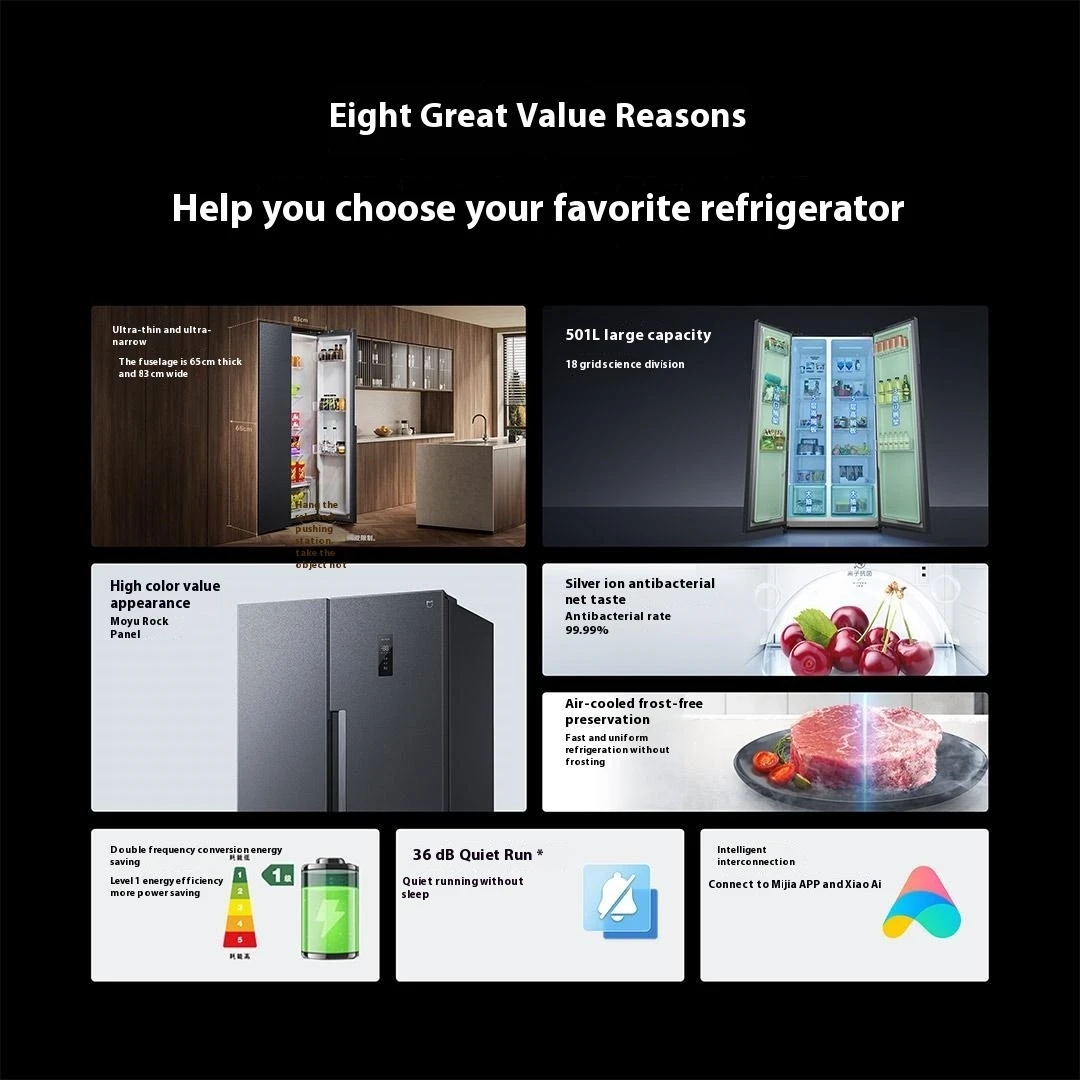 Xiaomi mijia Refrigerator Double Door 501L MoyuyanL Ultra thin fully embeddedMoyu Rock PCM LED Touch Screen Display BCD-521WMBI