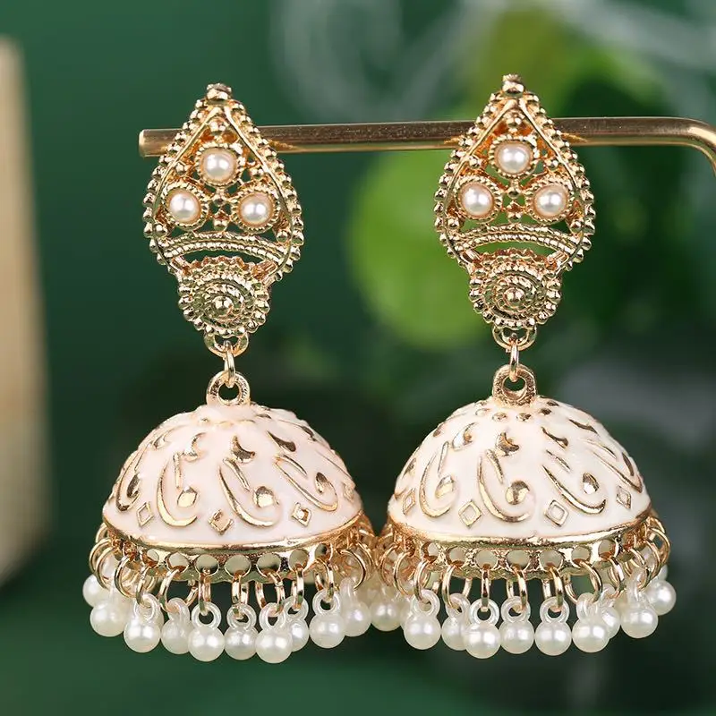 Boho Gypsy White Carved Indian Earrings Women Jewelry Retro Pearl Tassel Ladies Jhumka Earrings (KER827)