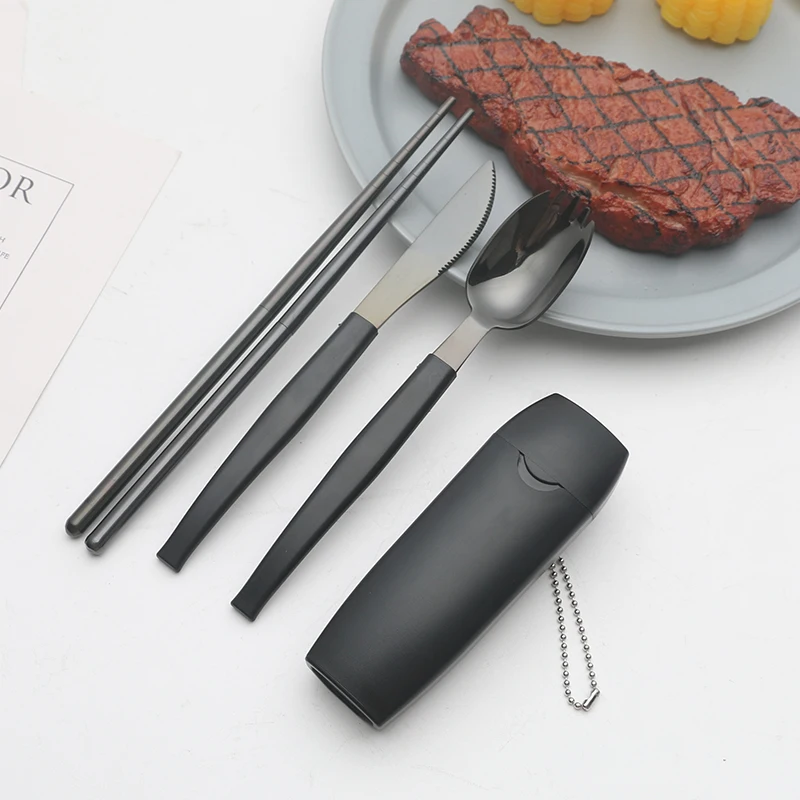 2024 New style 304 Stainless Steel Creative Portable Tableware Set Spoon Fork Knife Chopsticks Outdoor Travel 3 Piece Cutlery