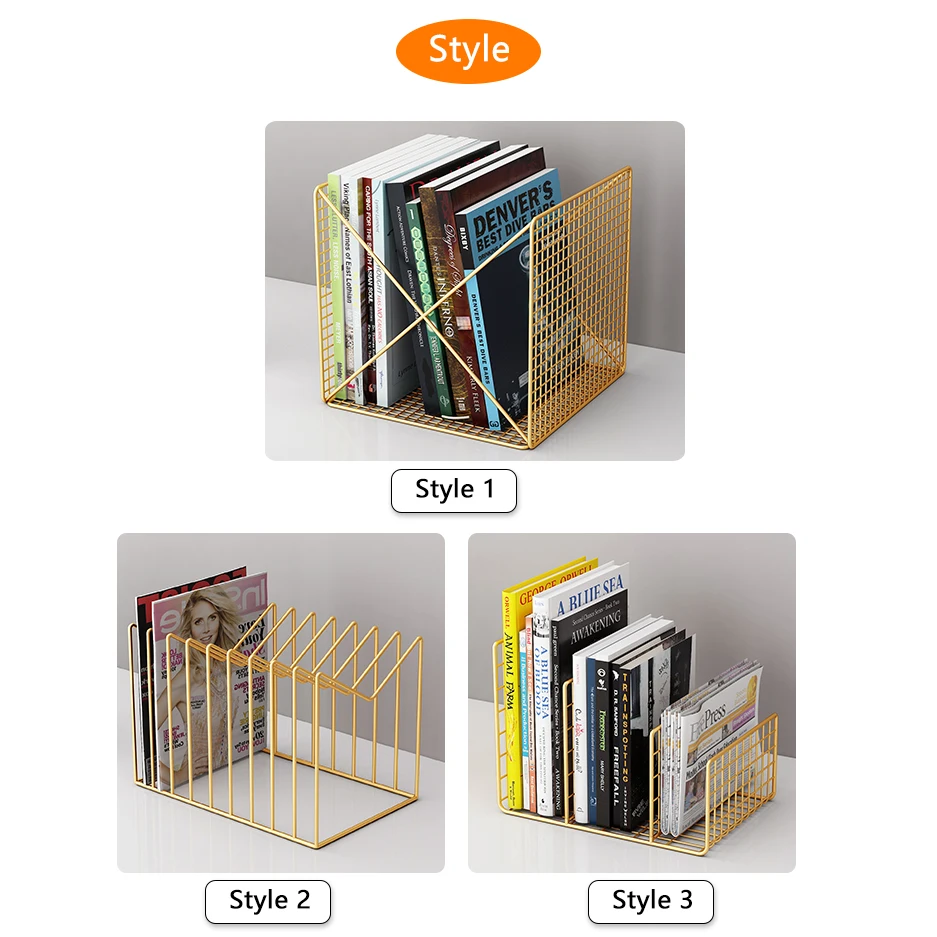 Office desktop countertop metal iron gold black white luxury iron magazine book storage organizer holder rack stand for book