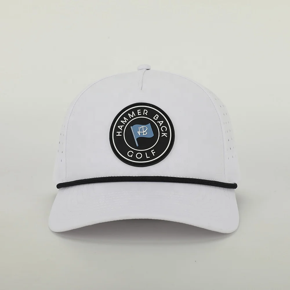 Wholesale Custom Rubber Patch  Logo 5 Panel Dad Hat High Quality Polyester Golf Gorras,Laser Cut Hole Rope Sport Baseball Cap