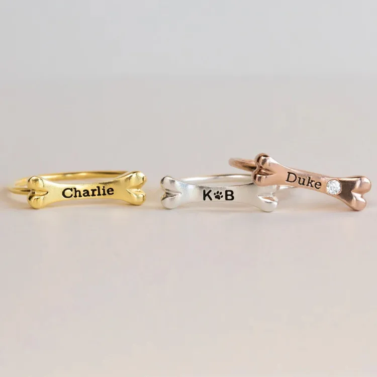 wholesale personalized pet name memorial ring 925 sterling silver custom dog bone ring