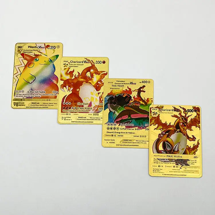 Bozhan High Quality Custom Cheap Wholesale Stainless Steel Metal Gold Game Cards Charizard 1st Pokemoned Cards Vmax