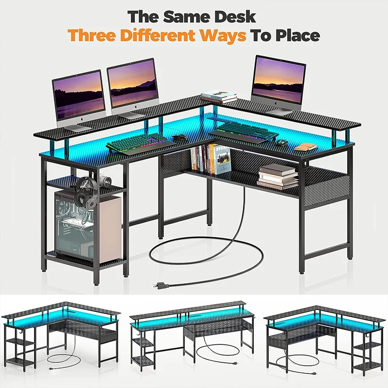 Carbon Fiber Surface Office Desk with Storage Computer Desk 59' with LED Lights and Power Outlets PC Gamer Gaming Table Desk