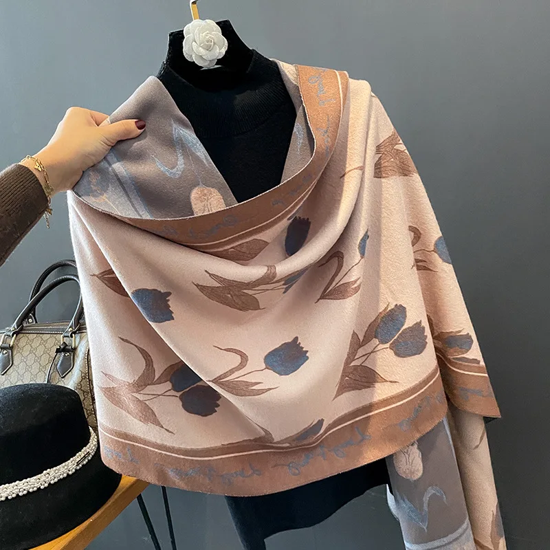 New Women Elegant Tulip Flower Pattern Pashmina Kashmiri Shawls Ladies Warm Soft Imitated Cashmere Acarlic Winter Scarf