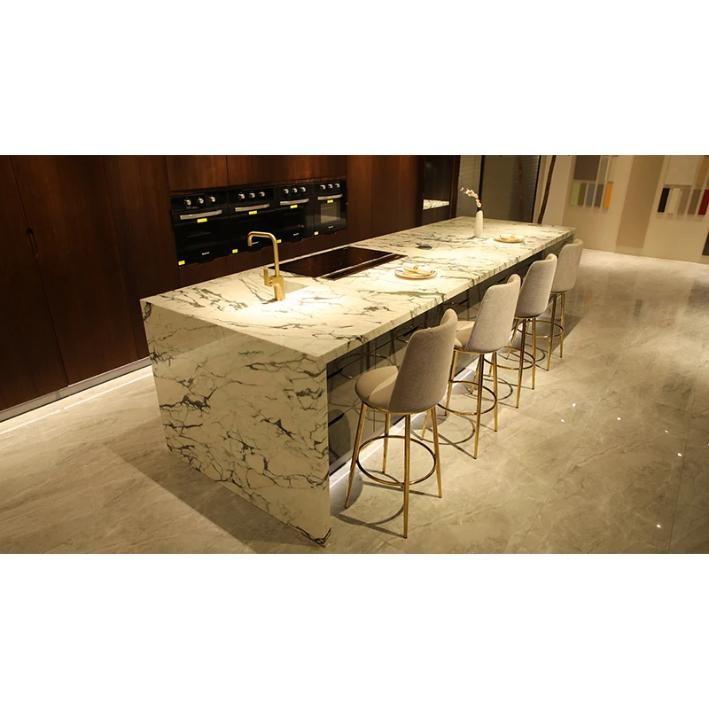 George Walnut wood grain cabinet with waterfall marble bar counter kitchen