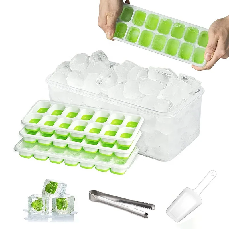14 Grids Wholesale Price DIY Food Grade Ice Cube Tray Box Set Soft Silicone Ice Cube Tray Mold with Freeze Container Clip Scoop