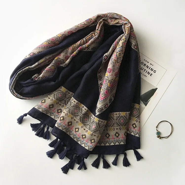 Korean style women plaid artistic style square scarf printed cotton and linen soft long silk scarf shawl