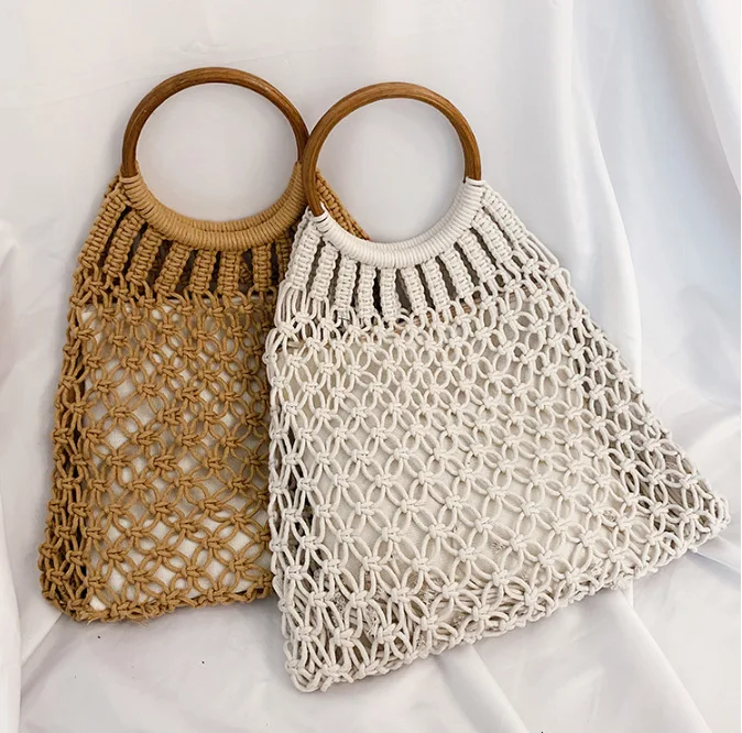 2022 Custom summer beach bag bucket knitted purse and handbags jute tote handmade crochet bag for women