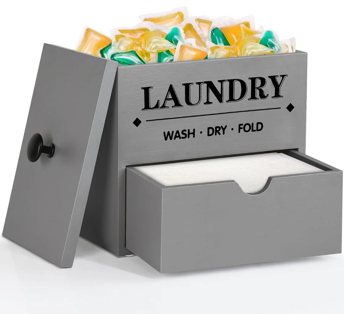 Wood Scent Booster Container with Lid, Laundry Beads Dispenser with Scoop for Laundry Room Organization and Storage,