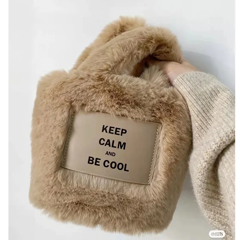 Korea Luxury Winter Women Small Plush Soft Faux Fur Tote Handbags Velvet Fluffy Bucket Shoulder Bag