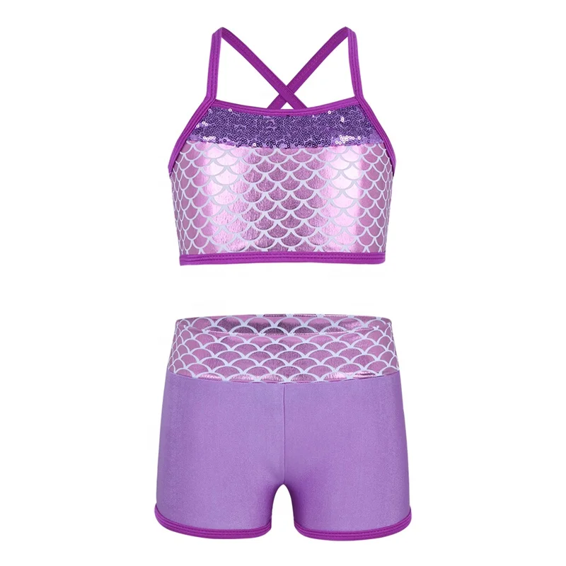 Kids Girl Tankini Suit Sequins Mermaid Scales Crop Top with Shorts Set for Gymnastics Leotard Workout Ballet Party Dance Wear