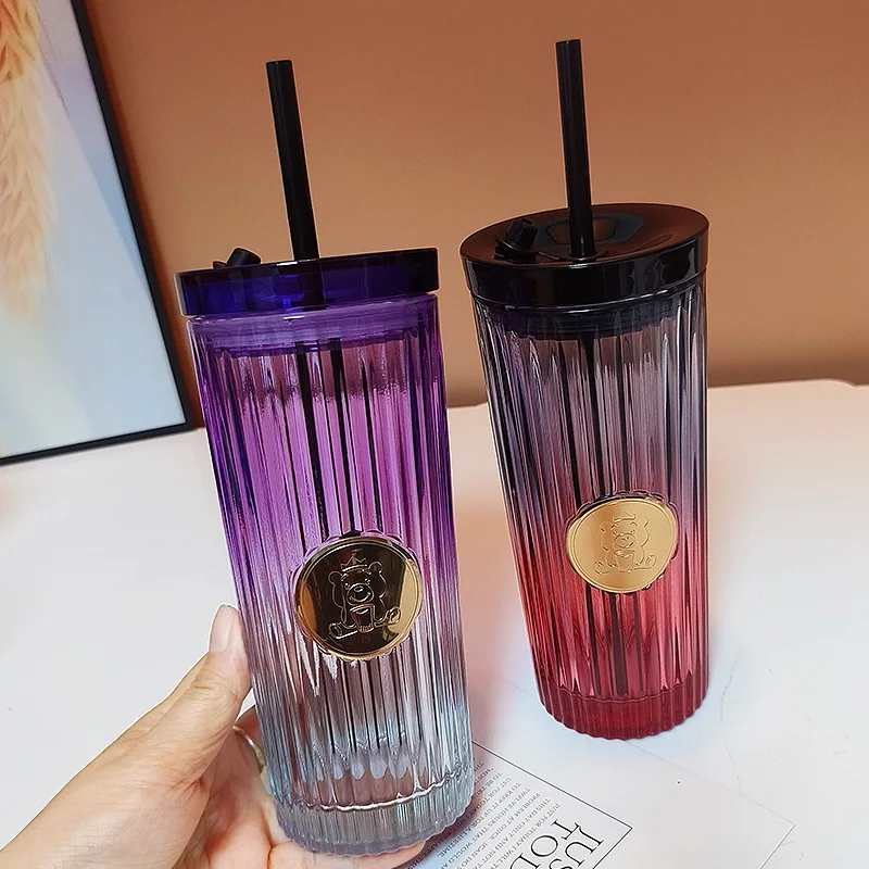 Seaygift creative 470ml car travel coffee milk juice cup girls gift glass tumbler mug vertical striped gradient glass straw cup