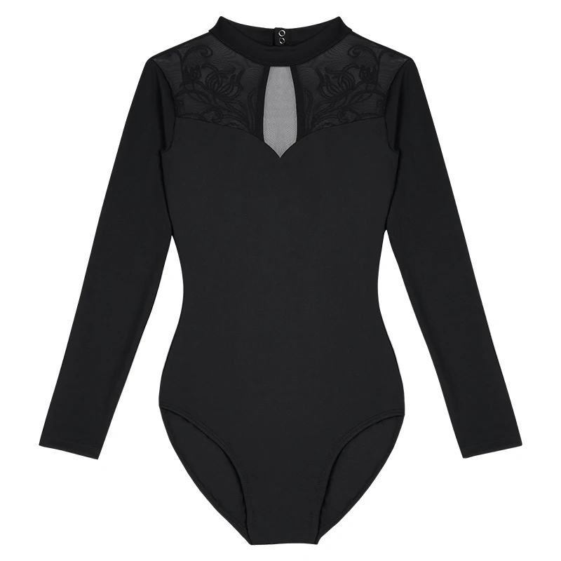 Women Long Sleeve Ballet Leotards Adult Standing Collar Embroidered Mesh Splice Gymnastics Leotard