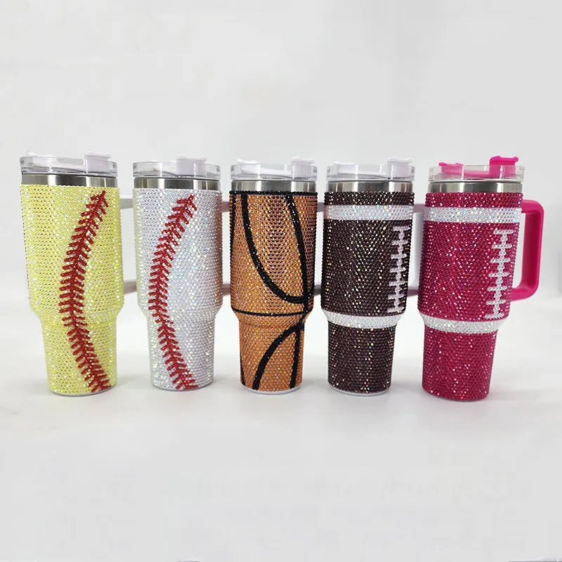 40 Oz Rhinestone Football Basketball Baseball Tumbler Custom 40oz Game Day Bling Diamond Rhinestone Cup with Handle and Straw