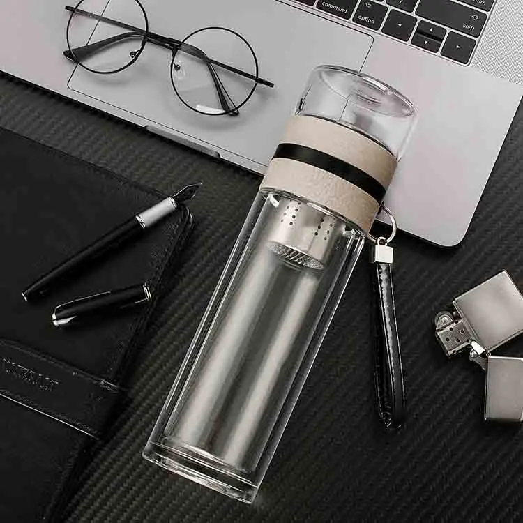 double wall glass tea separator bottle custom glass water bottles with filter tea infuser bottles
