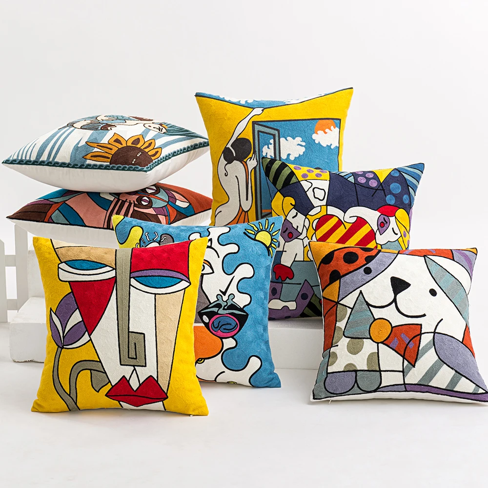 Custom Picasso Embroidered Throw Cushion Covers Wholesale Geometric Pillow Cover Home Decor Sofa Embroidery Pillow Case
