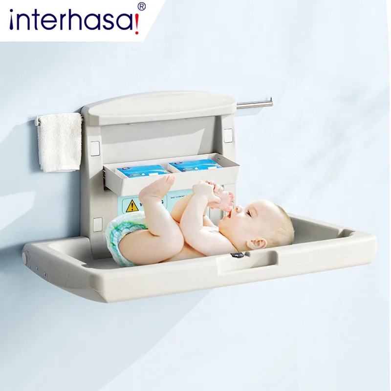 interhasa Baby Changing Station Commercial Wall Mounted Fold Down with Adjustable Safety Strap Storage Box Horizontal
