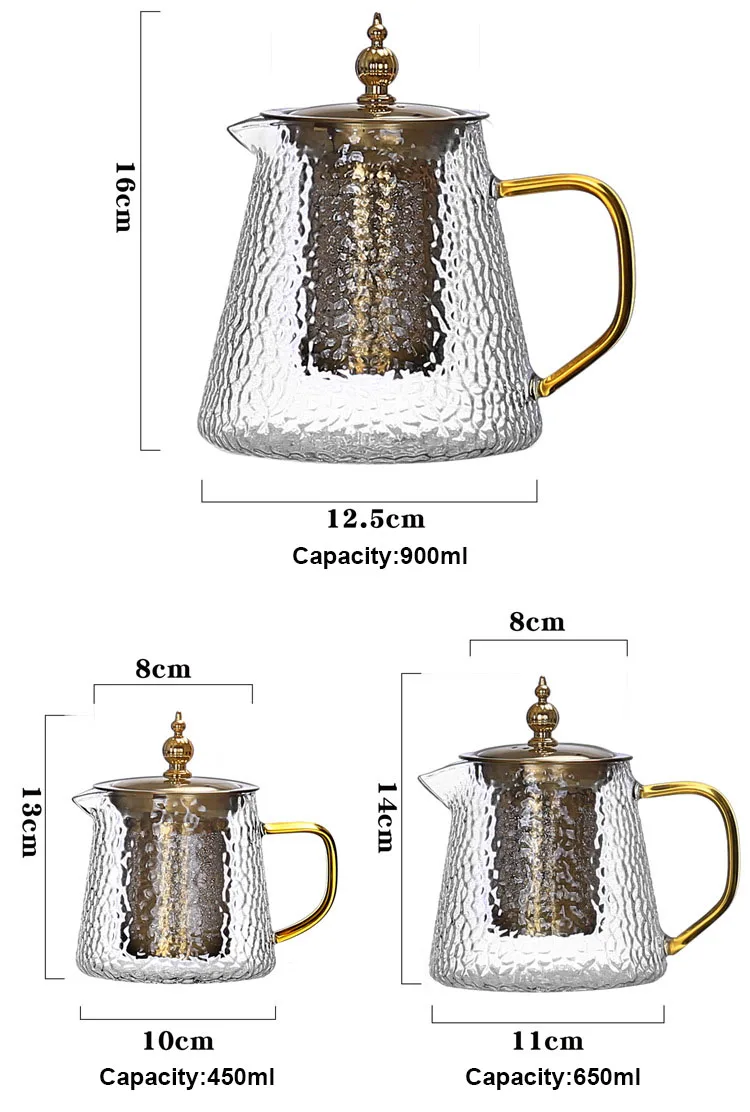 New Design Stove Top Safe 450ml 650ml 900ml Hammer Glass Teapot With Golden Color Stainless Steel Lid And Strainer