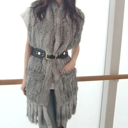 YRFUR YR017 Women Chic Designed Knitted Fur Shawl with tassel and pocket