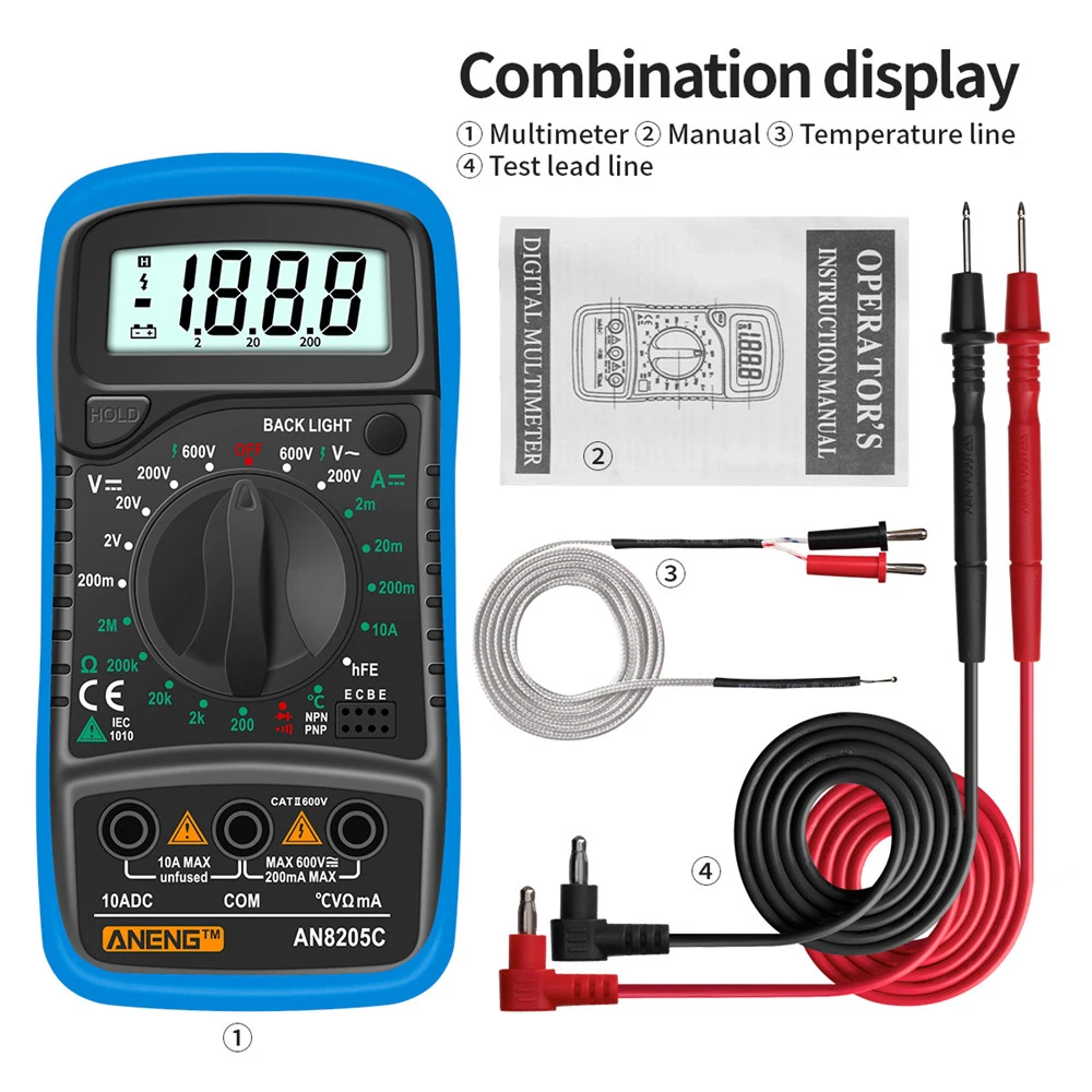 Gaqqee AN8205C Digital Multimeter AC/DC Ammeter Volt Ohm Tester Meter Multimetro With Thermocouple LCD Backlight Portable Meters