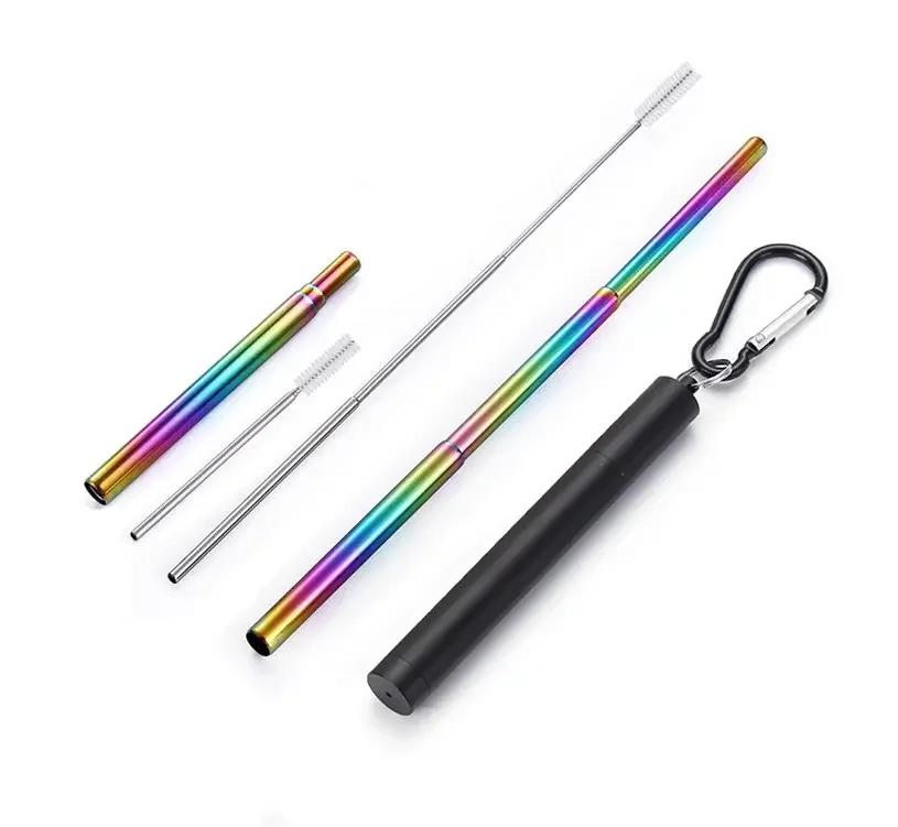 Collapsible Eco-Friendly 304 Stainless Steel Silicone Reusable Straws Telescopic Design with Case for Wine Beer Straight Pattern