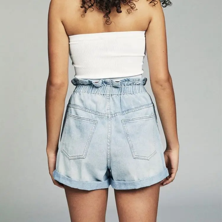 Summer New Style Elastic Waist Roll Up Hem Denim Paper Bag Shorts For Women