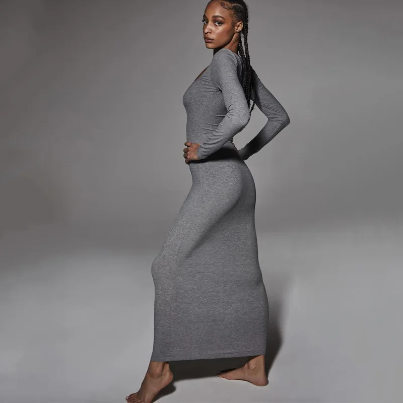 bodycon dress women Elegant Maxi Length Long Sleeve Square Collar High Stretch Bodycon Pullover Casual Dresses