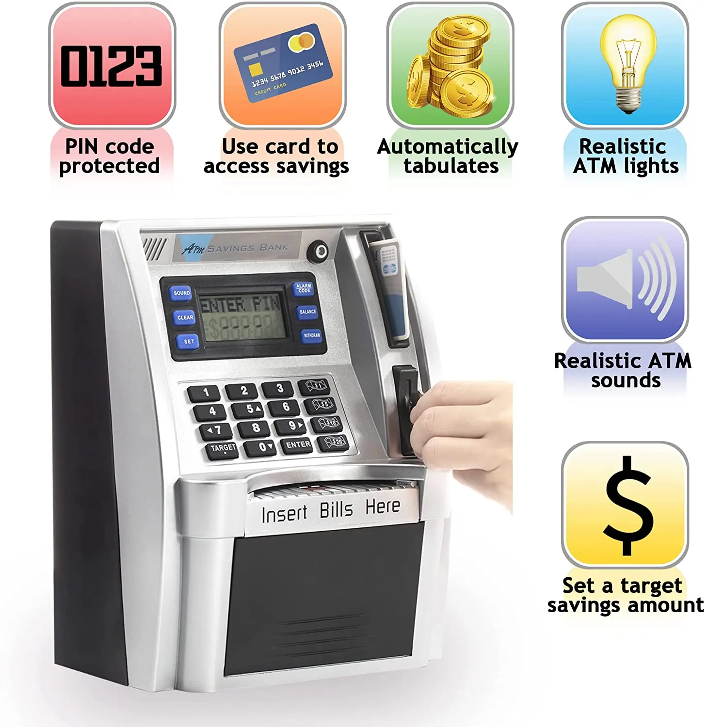 High quality plastic pink money box with password save paper money and coin mini electric ATM piggy bank for kids