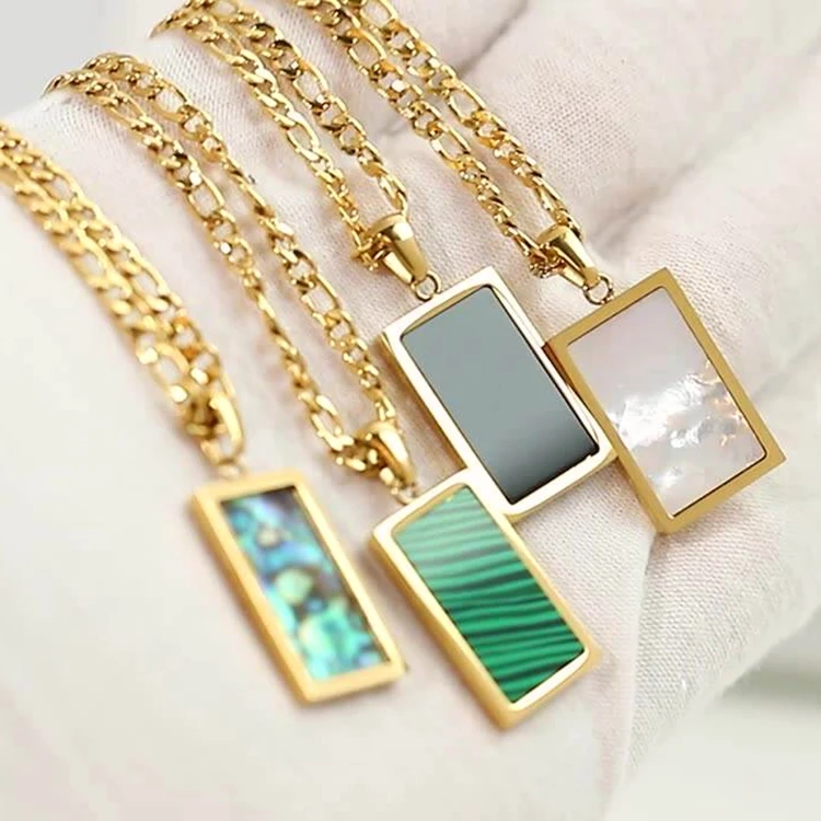 Stainless steel rectangle pendant abalone malachite black onyx mother of pearl shells figaro chain necklace
