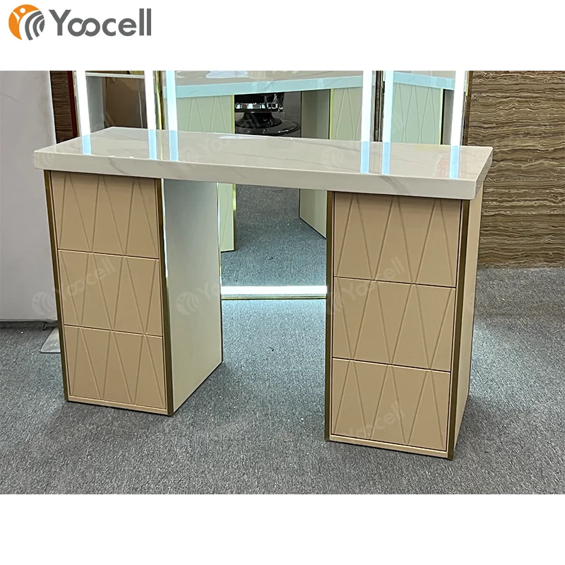 Yoocell new design salon furniture cream color cheap nail tech table portable nail desk check manicure table