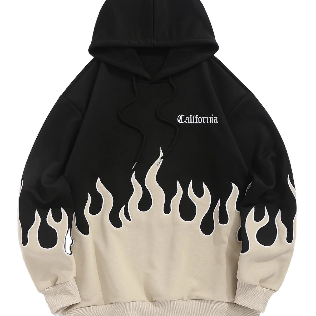 Wholesale Custom Colorblock Two Tone Letter California Flame Fire Embroidered Pullover Hoodie For Men