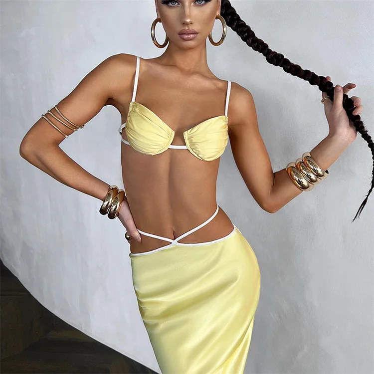 2022 Summer Backless Crop Top And Long Skirt Matching Set Sexy Party Beach Two Piece Sets Y2K Bandage Satin Skirt 2 Piece Set