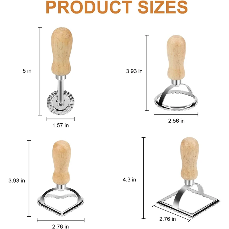 Ravioli Stamp Maker Cutter with Roller Wheel Wooden Handle and Fluted Edge for Pasta Dumplings Lasagna Pierogi baking tool
