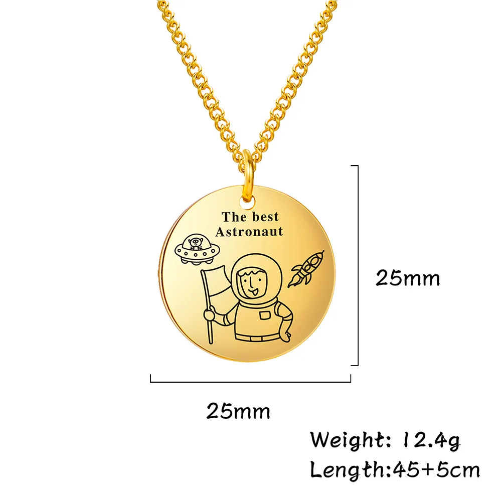 Women Layering Necklace 18K Gold Plated  Laser Engraving The best Astronaut Disc Necklace Cute Jewelry