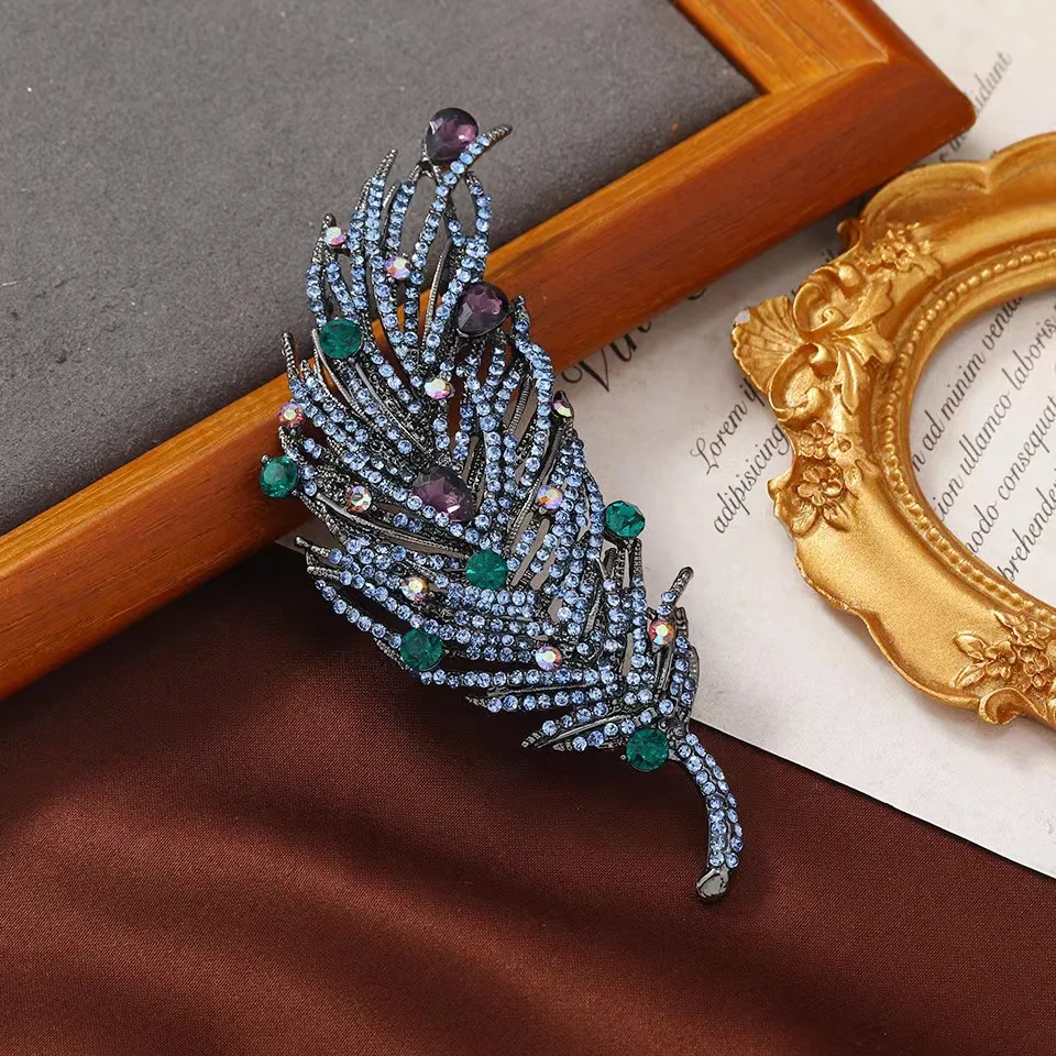 Vintage diamond peacock feather brooch heavy duty elegant coat upscale rhinestone brooch