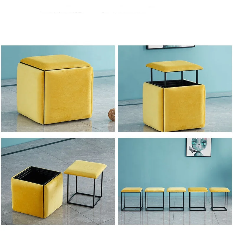 Modern Multi-Functional 5 in 1 Space Saving Combination Ottoman Stool With removable Metal Wheels For Living Room Bedroom