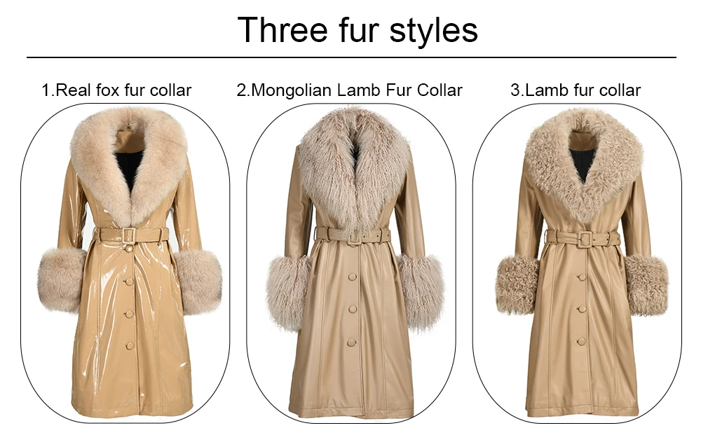 Factory Wholesale Winter Real Sheepskin Leather Coats With Mongolian Fur Collar And Cuffs Long Genuine Leather Jackets Woman