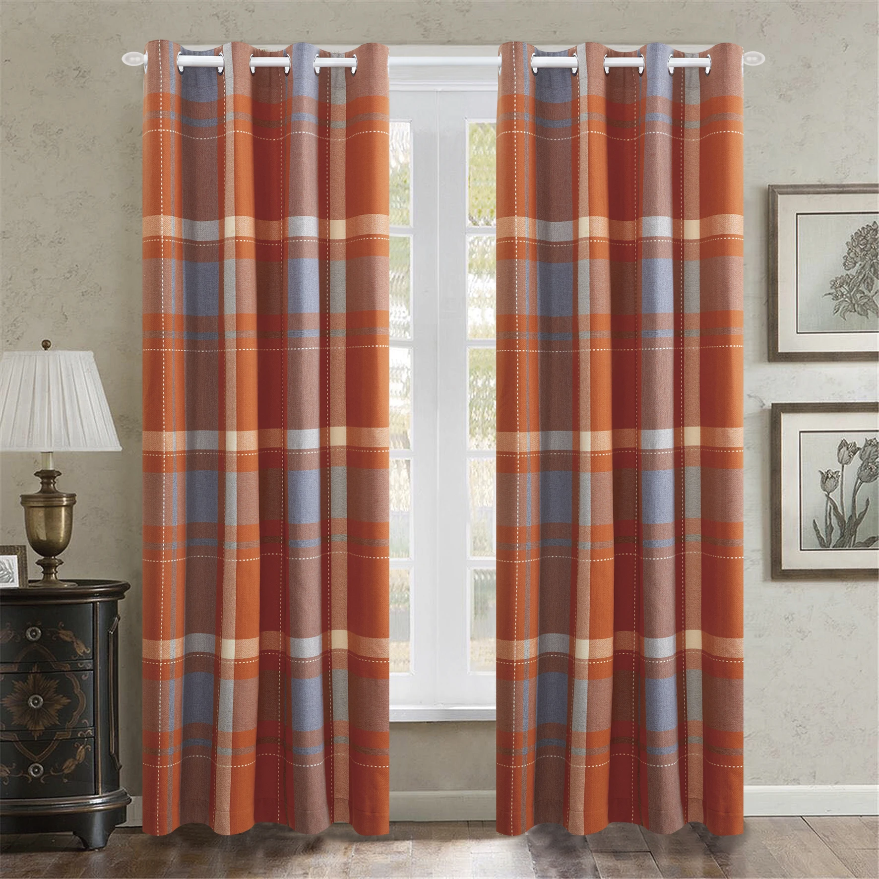 Amity Modern Plaid Polyestergrommet Curtains Double Plaid Jacquard Eyelet Decorative Curtains for Home Hotel 10 Window Curtains