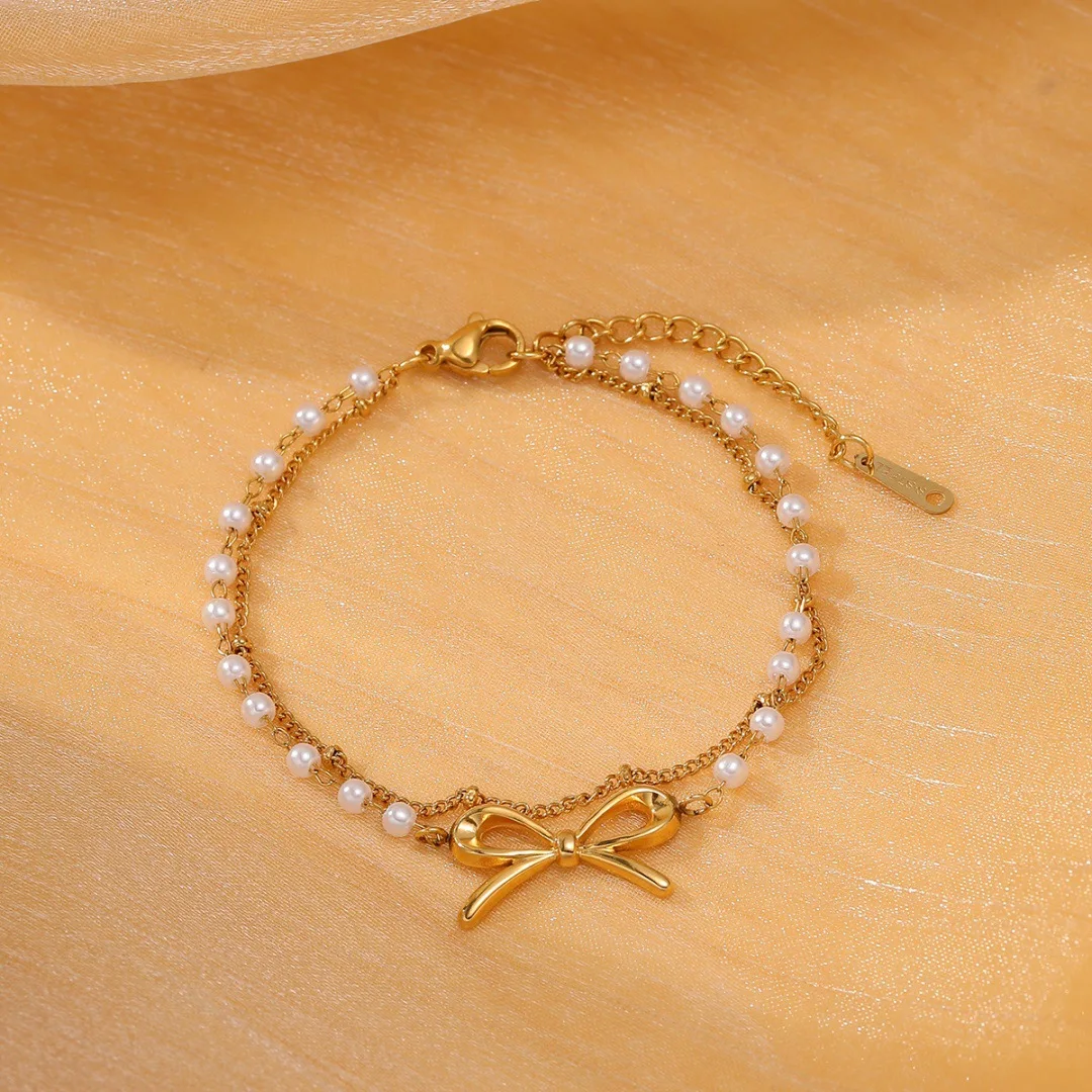 French New Elegant Stainless Steel Bow knot Freshwater Pearl Bracelet 18K Gold Plated Non Tarnish Waterproof Jewelry Gift