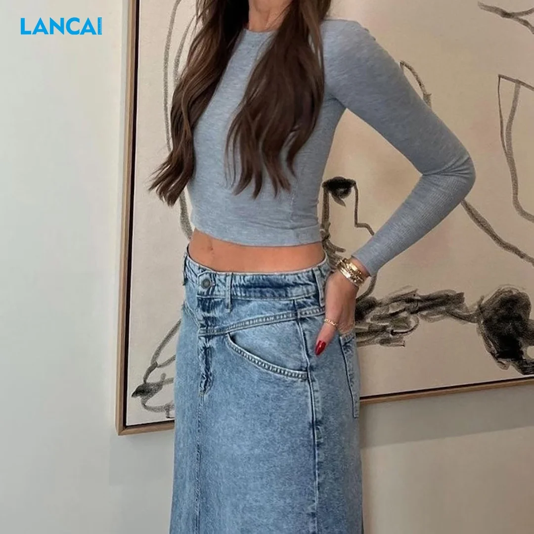 High Quality Retro Denim Skirt Button Irregular High Waist Skirt And Ladies Slit Maxi Blue Jean Women Skirt