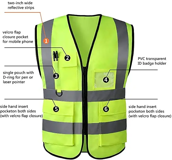 Custom Logo Reflective Clothing Jacket Strip Mesh Fabric Class 2 Hi Vis Construction Security Safety Vest With Pocket