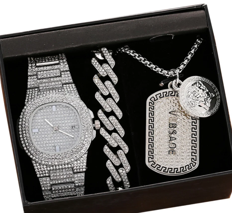 New Arrival Hip Hop Iced Out Jewelry Full Bling Diamond Silver Rose Gold Cuban Miami Chain Necklace Bracelet Wrist Watch Sets