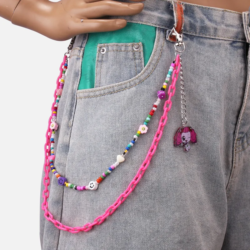 Fashion Colorful Rice Bead Resin Chain Double Layer Pants Chain Cute Cartoon Little Girl Pendant Decoration Trousers Chain