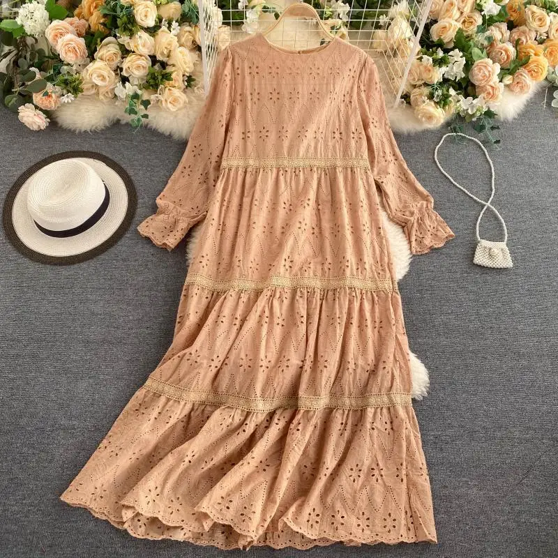 Custom autumn clothes female Korean simple solid color round neck hollowed out long-sleeved dress one pcs lace dress