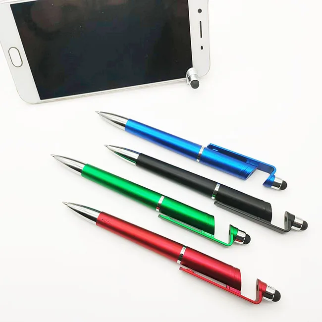 Promotional Gift Customized Logo Printing Blue Plastic Ball Pen with Touch Screen and Mobile Phone holder