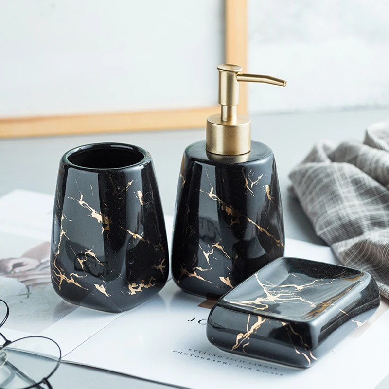 Bathroom Accessories Set & White Home Decoration Hot Selling High Quality Ceramic Marble Design Ceramic Best Price Black 2 Pcs