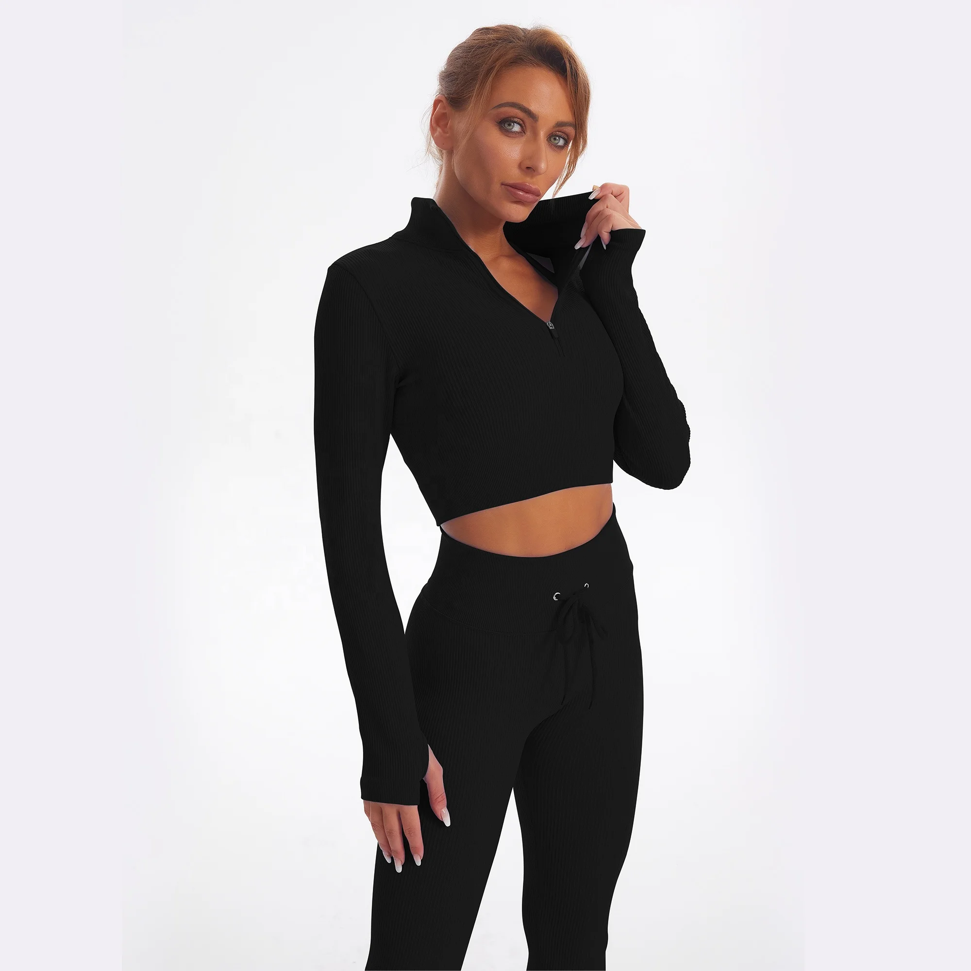 2022 Seamless Women Yoga Suit Sports Ribbed Long Sleeve Zip Front Shirt Scrunch Drawstring Legging Gym Tracksuit Workout Set