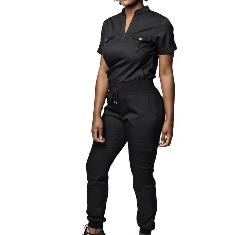 New Design Pocket Stretch Spandex Short Sleeve Scrub Suits Jogger Style Scrubs Medical Uniform